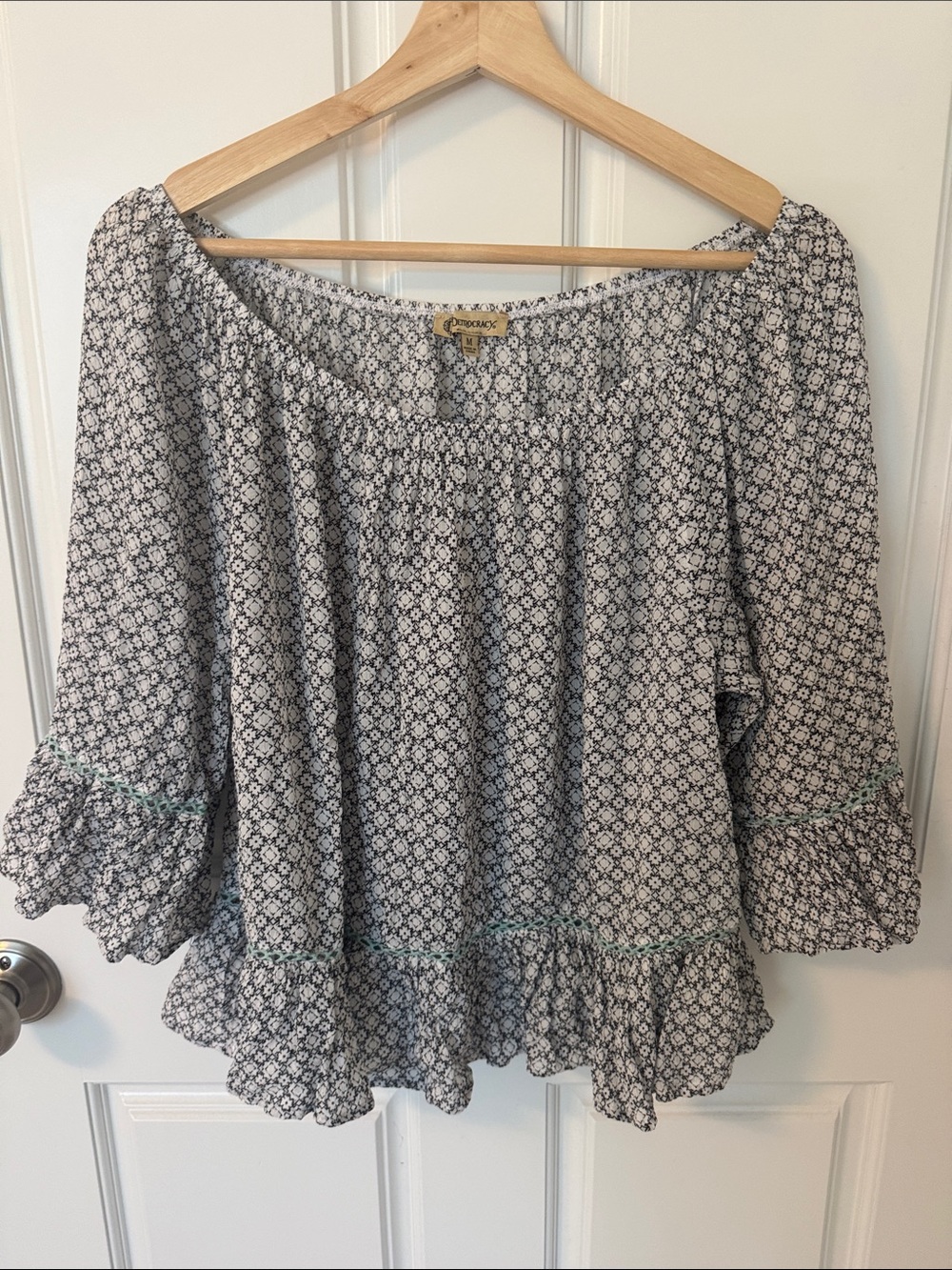 Democracy Black & White Floral Peasant Top